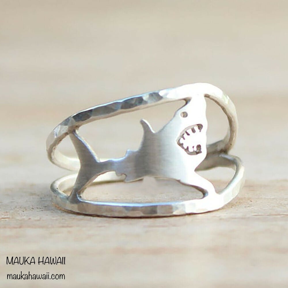 Carved Ocean Shark Adjustable Open Ring Light Hammered Modern Artisan Streetwear
